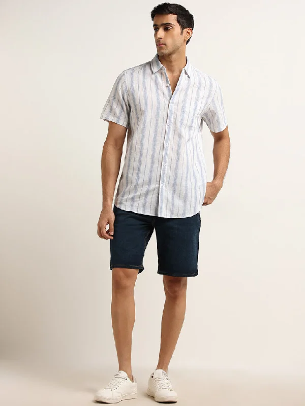 Men's denim shorts with a drawstring waist for adjustable comfort WES Casuals Dark Blue Solid Mid Rise Relaxed Fit Denim Shorts Men's denim shorts with a drawstring waist for adjustable comfort WES Casuals Dark Blue Solid Mid Rise Relaxed Fit Denim Shorts