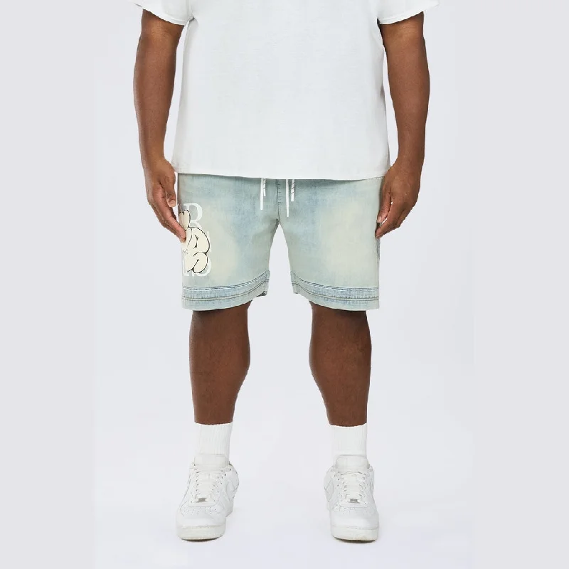 Men's denim shorts with a lightweight denim fabric for hot summer days Big and Tall - Puff Printed Graphic Resort Denim Shorts - Elm Blue Men's denim shorts with a lightweight denim fabric for hot summer days Big and Tall - Puff Printed Graphic Resort Denim Shorts - Elm Blue