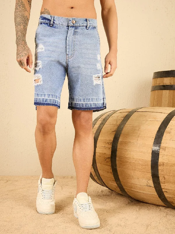Men's denim shorts made from organic cotton for eco - conscious consumers Blue Washed Raw Edge Hem Denim Shorts Men's denim shorts made from organic cotton for eco - conscious consumers Blue Washed Raw Edge Hem Denim Shorts