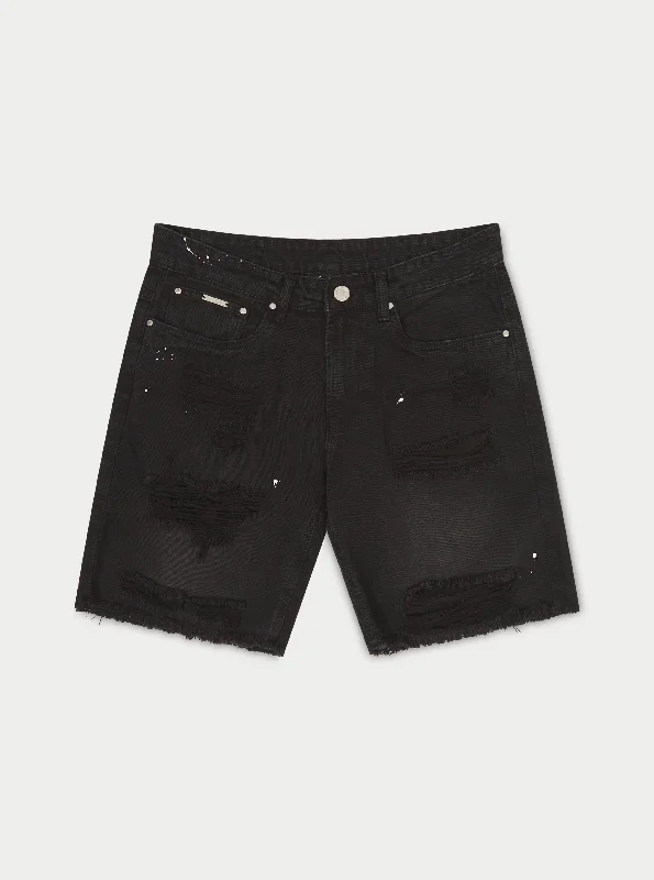 Men's denim shorts with a contrast stitching detail DISTRESSED RAW HEM DENIM SHORTS - WASHED BLACK Men's denim shorts with a contrast stitching detail DISTRESSED RAW HEM DENIM SHORTS - WASHED BLACK