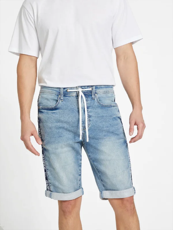 Men's denim shorts with a snap - button closure for quick and easy access Eco Kyler Logo-Tape Denim Shorts Men's denim shorts with a snap - button closure for quick and easy access Eco Kyler Logo-Tape Denim Shorts