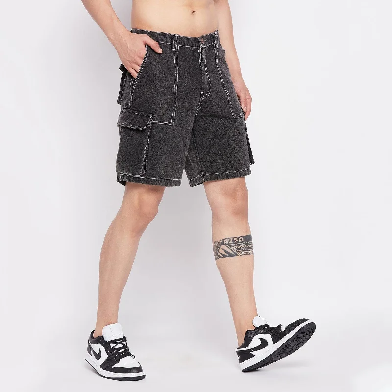 Men's denim shorts in a faded blue color for a worn - in look Grey Washed Carpenter Cargo Denim Shorts Men's denim shorts in a faded blue color for a worn - in look Grey Washed Carpenter Cargo Denim Shorts