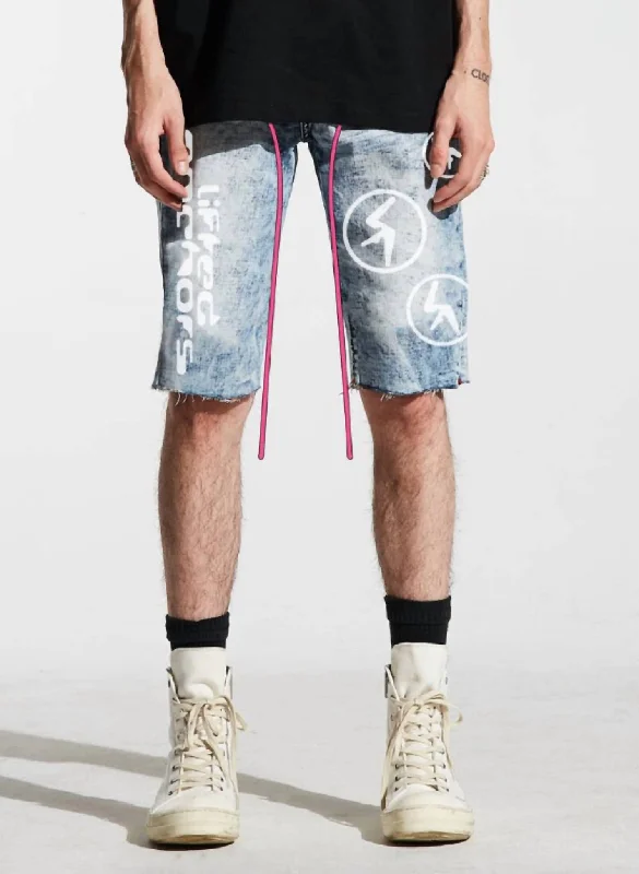 Men's slim - fit denim shorts for a modern, sleek look Men's Aphex Puff Print Denim Shorts In Light Blue Men's slim - fit denim shorts for a modern, sleek look Men's Aphex Puff Print Denim Shorts In Light Blue