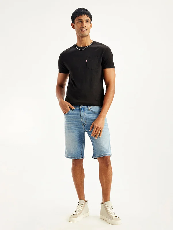 Men's denim shorts with a longer inseam for a more modest length Men's Light-Blue Tapered Denim Shorts Men's denim shorts with a longer inseam for a more modest length Men's Light-Blue Tapered Denim Shorts