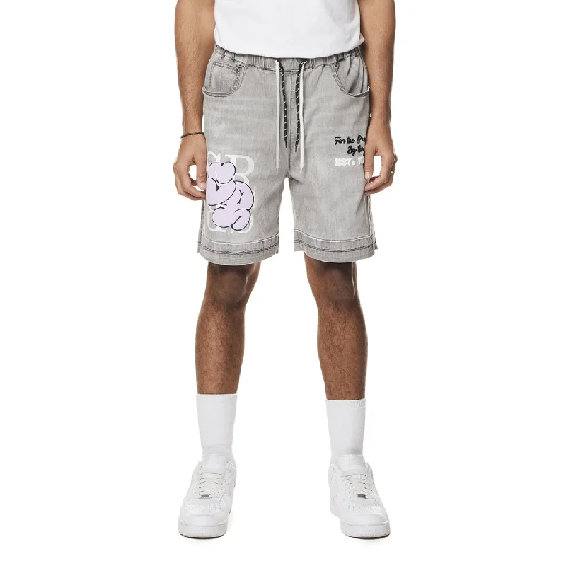 Men's denim shorts for outdoor sports like hiking and cycling Puff Printed Graphic Resort Denim Shorts - Smoke Grey Men's denim shorts for outdoor sports like hiking and cycling Puff Printed Graphic Resort Denim Shorts - Smoke Grey