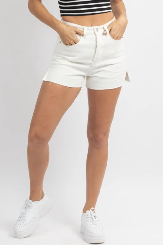 Dark - wash men's denim shorts for a more classic and versatile look Slit Hem High Rise Denim Shorts In White Dark - wash men's denim shorts for a more classic and versatile look Slit Hem High Rise Denim Shorts In White