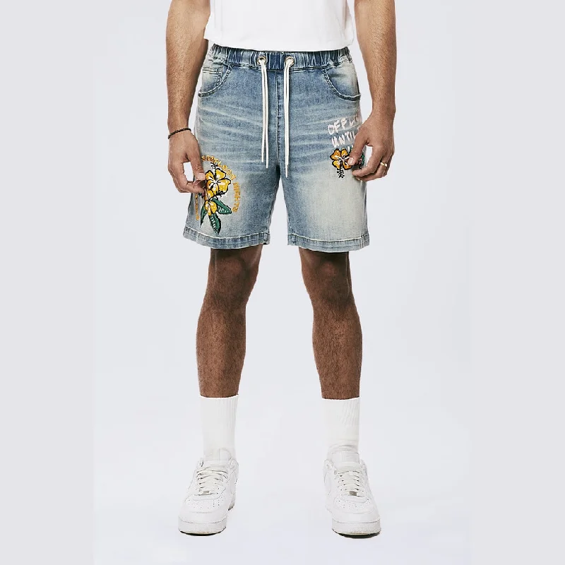 Men's denim shorts with a back - pocket embroidery for a personalized touch Tropical Doodle Denim Shorts - Malibu Blue Men's denim shorts with a back - pocket embroidery for a personalized touch Tropical Doodle Denim Shorts - Malibu Blue