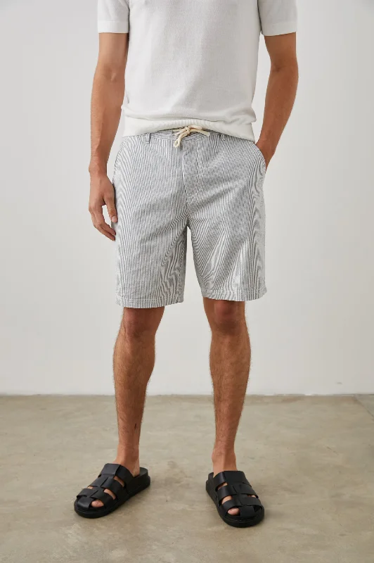 Men's wide - leg linen blend shorts for a relaxed beachside vibe     ARSENE SHORT - NAVY SEERSUCKER