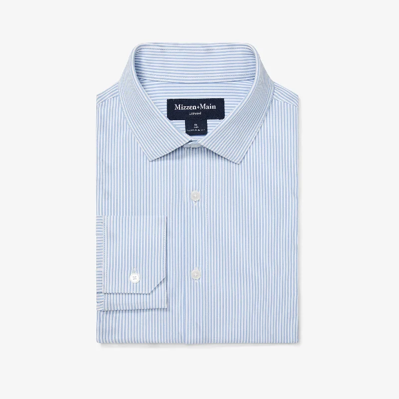 Men's Long - Tail Dress Shirts in Olive Green for Tucking into Trousers Neatly Bel Air Blue Banker Stripe Men's Long - Tail Dress Shirts in Olive Green for Tucking into Trousers Neatly Bel Air Blue Banker Stripe