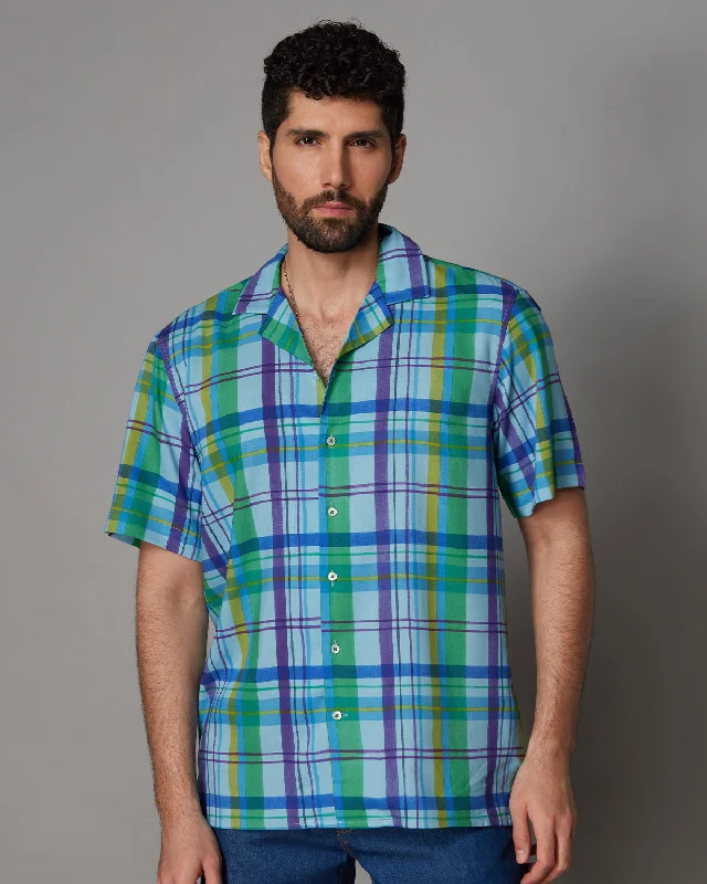 Men's Slim - Fit Printed Floral Casual Shirts in Pastel Colors for a Spring - Inspired Vibe Japanese Blue Multicoloured Checked Shirt Men's Slim - Fit Printed Floral Casual Shirts in Pastel Colors for a Spring - Inspired Vibe Japanese Blue Multicoloured Checked Shirt