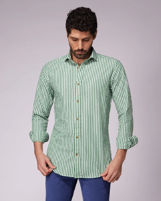 Men's Graphic - Printed Casual Shirts with Pop - Culture References for a Fun and Stylish Look Seersucker Striped Shirt - Green & White Men's Graphic - Printed Casual Shirts with Pop - Culture References for a Fun and Stylish Look Seersucker Striped Shirt - Green & White