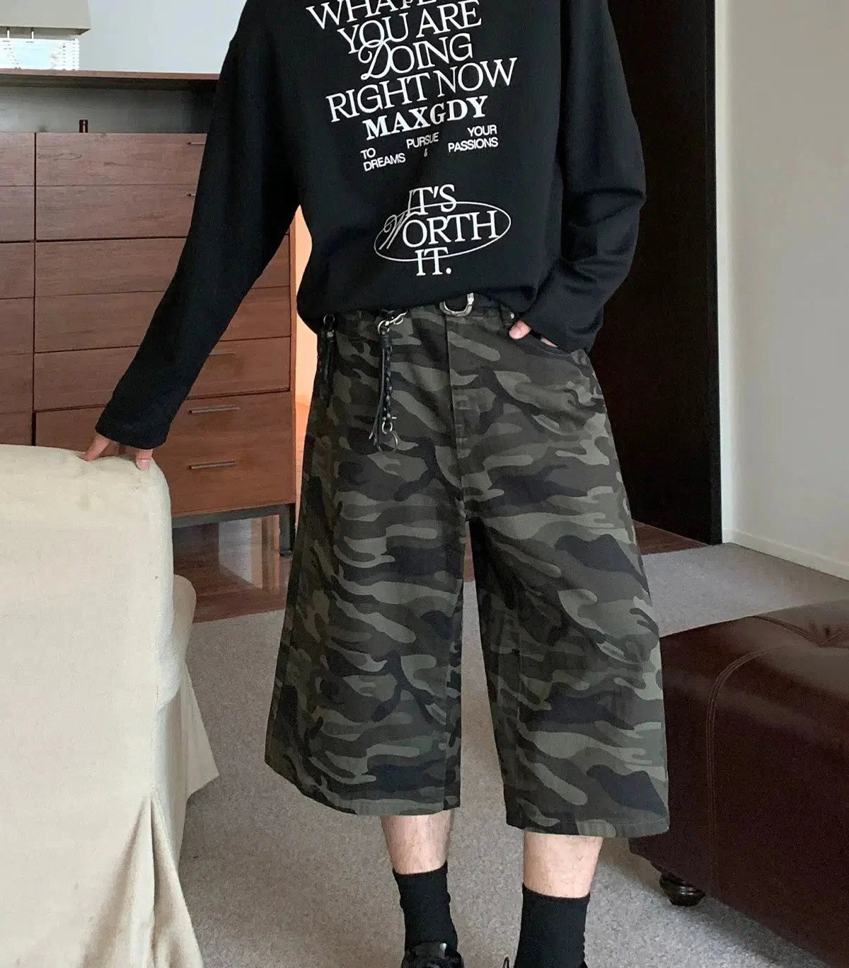 Men's denim shorts in a faded blue color for a worn - in look Camouflage Wide-leg Shorts Men's denim shorts in a faded blue color for a worn - in look Camouflage Wide-leg Shorts
