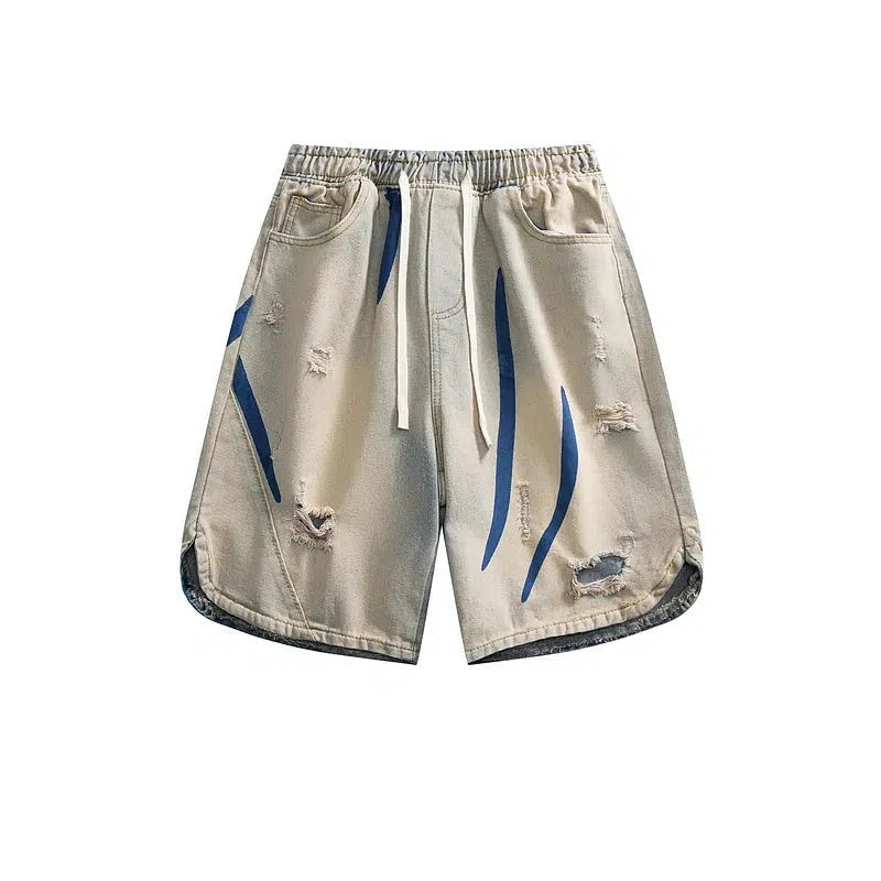 Men's denim shorts with a patchwork pattern for a unique style Elastic Waistband Denim Shorts Men's denim shorts with a patchwork pattern for a unique style Elastic Waistband Denim Shorts
