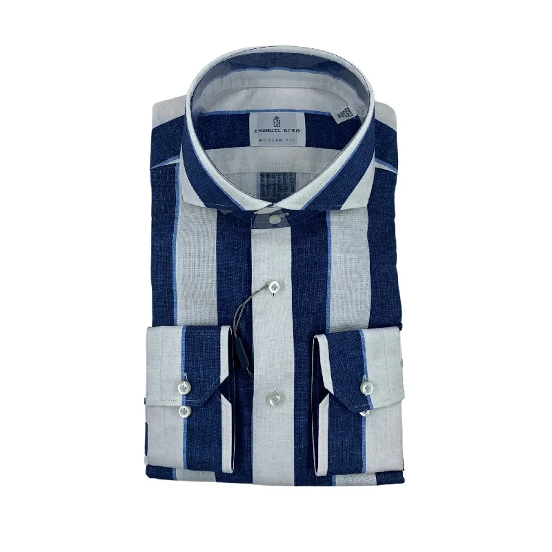 Men's Cotton Poplin Dress Shirts in Royal Blue with a Box Pleat at the Back for Added Comfort Emanuel Berg Linen Stripe Shirt Men's Cotton Poplin Dress Shirts in Royal Blue with a Box Pleat at the Back for Added Comfort Emanuel Berg Linen Stripe Shirt