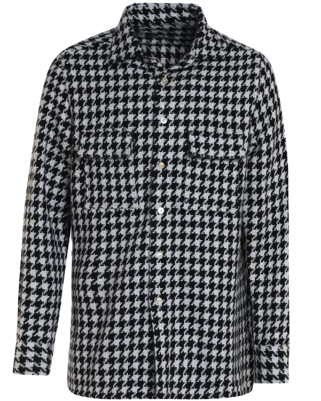 Plus Size Men's Striped Chambray Casual Shirts with a Spread Collar for a Preppy Appearance Black and Ivory Cashmere Exploded Houndstooth Overshirt Plus Size Men's Striped Chambray Casual Shirts with a Spread Collar for a Preppy Appearance Black and Ivory Cashmere Exploded Houndstooth Overshirt