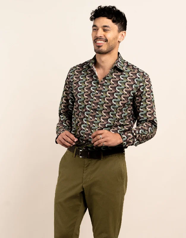 Men's Shearling - Lined Collar Casual Shirts in Brown for a Rustic and Warm Appeal London Maroon Abstract Wavy Print Shirt Men's Shearling - Lined Collar Casual Shirts in Brown for a Rustic and Warm Appeal London Maroon Abstract Wavy Print Shirt