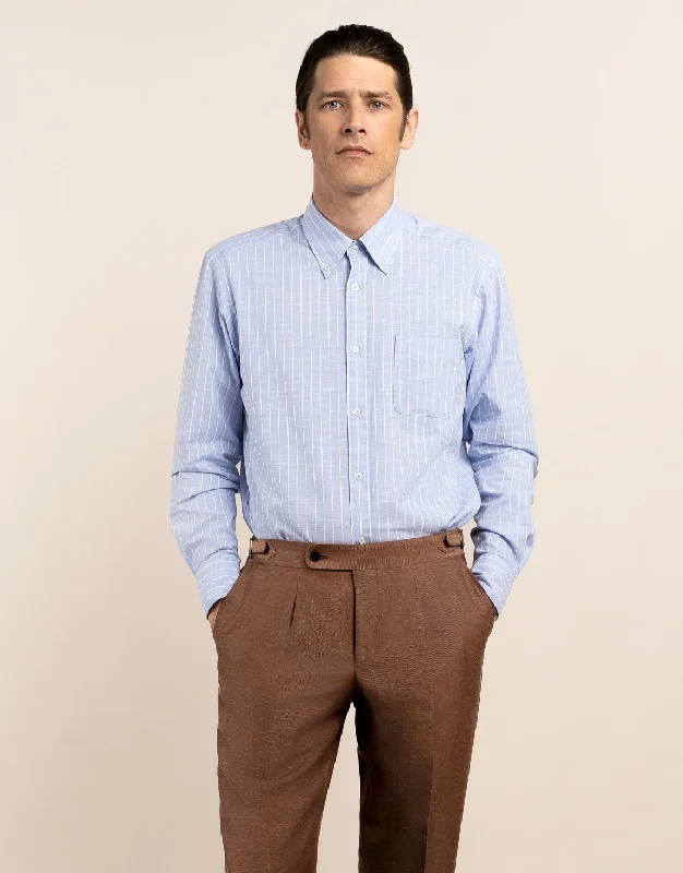 Men's Short - Sleeve Linen Casual Shirts in Light Khaki for a Breathable Summer Option Ohope Light Blue Reverse Stripe Shirt Men's Short - Sleeve Linen Casual Shirts in Light Khaki for a Breathable Summer Option Ohope Light Blue Reverse Stripe Shirt