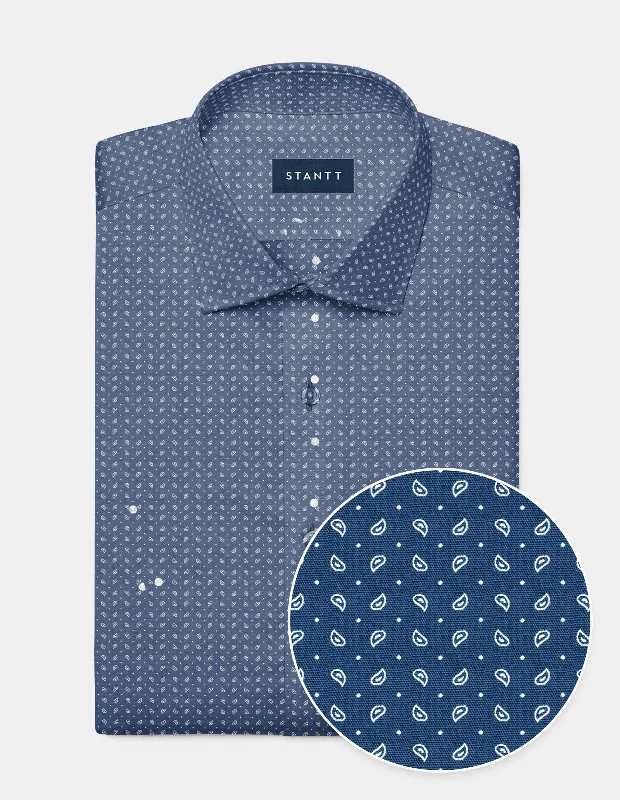 Men's Button - Down Collar Dress Shirts in Creamy Ivory for a Semi - Formal Event Persian Blue Paisley Print Inverse Men's Button - Down Collar Dress Shirts in Creamy Ivory for a Semi - Formal Event Persian Blue Paisley Print Inverse