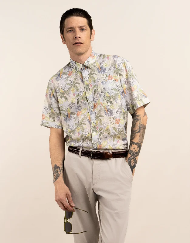 Men's Button - Down Oxford Casual Shirts in Crisp White for a Classic and Versatile Style Raglan Linen Blend Tropical Island Print Short Sleeve Shirt Men's Button - Down Oxford Casual Shirts in Crisp White for a Classic and Versatile Style Raglan Linen Blend Tropical Island Print Short Sleeve Shirt