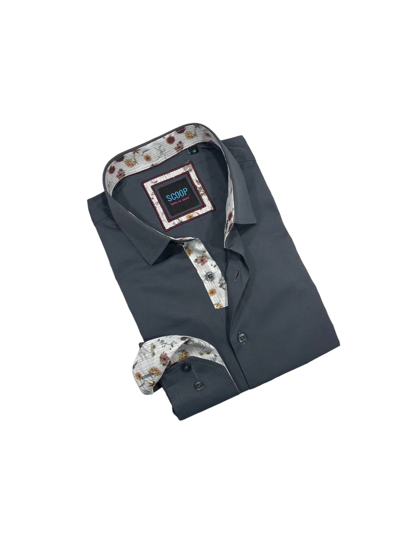Men's Cotton Poplin Dress Shirts in Royal Blue with a Box Pleat at the Back for Added Comfort Scoop Dress Shirt - Novel 2/Charcoal Men's Cotton Poplin Dress Shirts in Royal Blue with a Box Pleat at the Back for Added Comfort Scoop Dress Shirt - Novel 2/Charcoal
