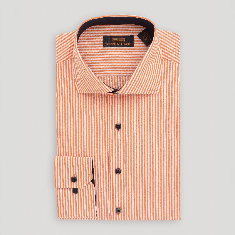 Men's Luxury Cashmere Blend Dress Shirts in Dark Brown for a High - End and Comfortable Wear The Earl Striped Dress Shirt | Barrel Cuff & Spread Collar | Orange Men's Luxury Cashmere Blend Dress Shirts in Dark Brown for a High - End and Comfortable Wear The Earl Striped Dress Shirt | Barrel Cuff & Spread Collar | Orange