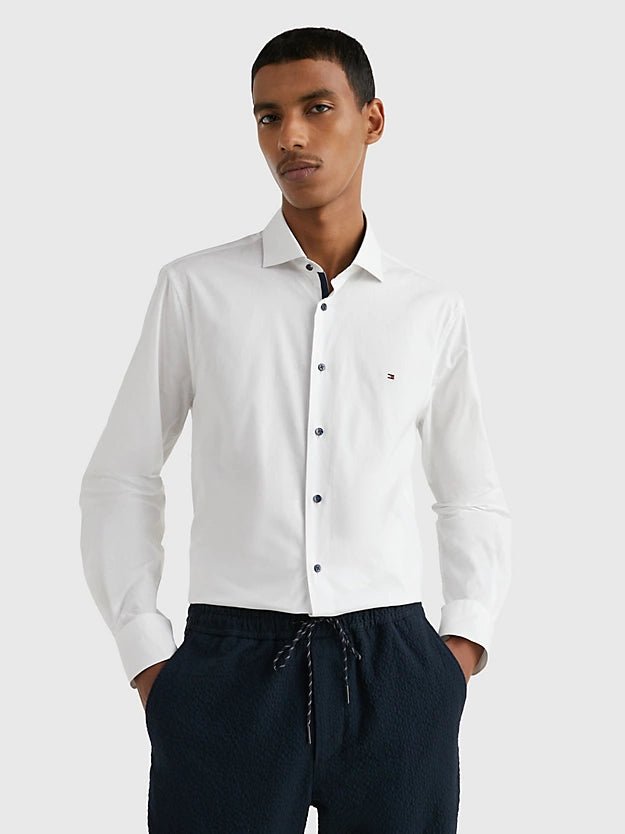 Men's Two - Tone Contrast Panel Casual Shirts in White and Navy for a Stylish and Eye - Catching Design Tommy Hilfiger Poplin Slim Fit Shirt Men's Two - Tone Contrast Panel Casual Shirts in White and Navy for a Stylish and Eye - Catching Design Tommy Hilfiger Poplin Slim Fit Shirt