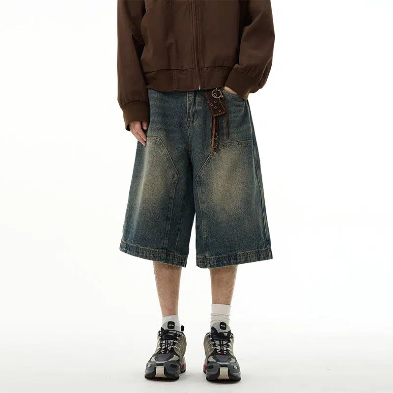 Men's denim shorts with a double - stitched construction for durability Washed Retro Wide-leg Shorts Men's denim shorts with a double - stitched construction for durability Washed Retro Wide-leg Shorts