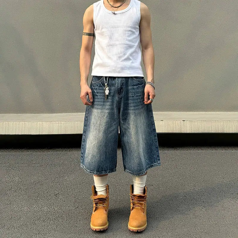 Men's denim shorts with a drawstring waist for adjustable comfort Wide-Leg Denim Shorts Men's denim shorts with a drawstring waist for adjustable comfort Wide-Leg Denim Shorts