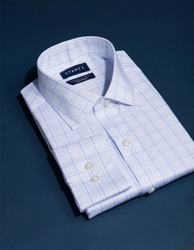 Men's Button - Down Collar Dress Shirts in Creamy Ivory for a Semi - Formal Event Wrinkle-Resistant Blue on Blue Bordered Graph Check Men's Button - Down Collar Dress Shirts in Creamy Ivory for a Semi - Formal Event Wrinkle-Resistant Blue on Blue Bordered Graph Check