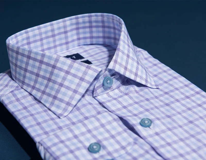 Men's Button - Down Collar Dress Shirts in Creamy Ivory for a Semi - Formal Event Wrinkle-Resistant Light Blue and Purple Box Check Men's Button - Down Collar Dress Shirts in Creamy Ivory for a Semi - Formal Event Wrinkle-Resistant Light Blue and Purple Box Check