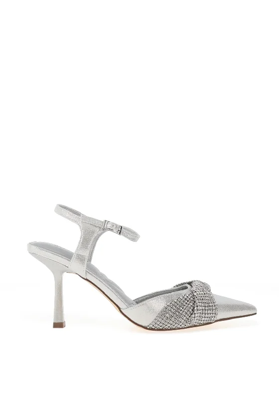 Women's ankle - strap stiletto heel pumps with a cut - out detail Menbur Diamante Bow Pointed Heeled Shoes, Silver Women's ankle - strap stiletto heel pumps with a cut - out detail Menbur Diamante Bow Pointed Heeled Shoes, Silver