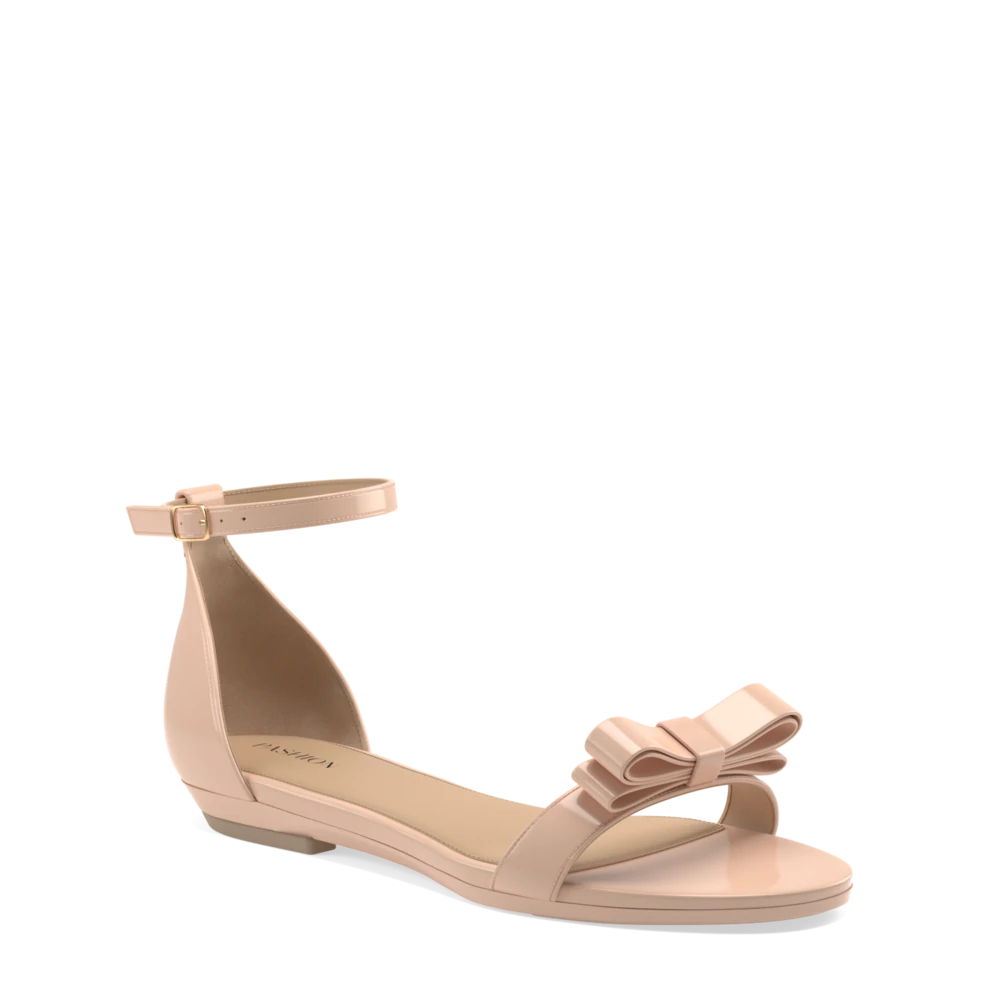 Women's Flat Slide Sandals with a Memory Foam Insole in White for All - Day Comfort Pashionista - Sand Patent Pashionista Bow - FINAL SALE