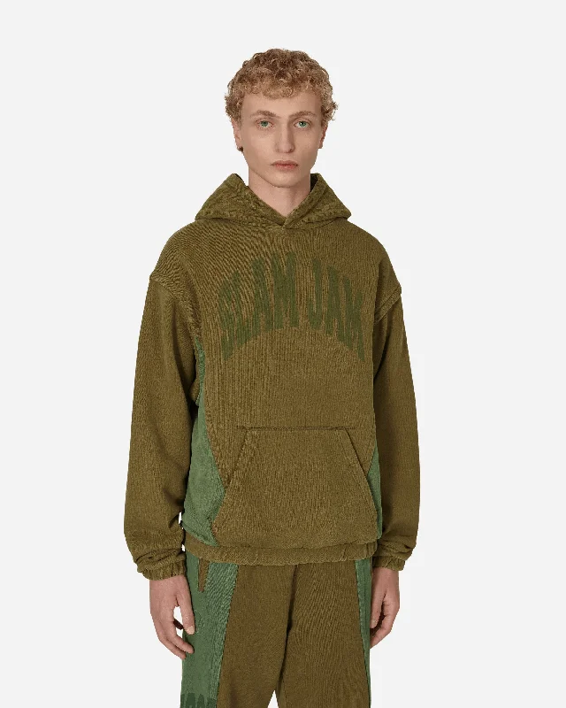 Solid - color men hoodie in trendy olive green Panel Hooded Sweatshirt Green / Brown