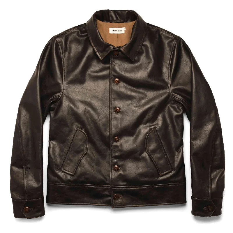 Hooded men jackets with a detachable faux - fur trim for added warmth The Cuyama Jacket in Cola Leather Hooded men jackets with a detachable faux - fur trim for added warmth The Cuyama Jacket in Cola Leather