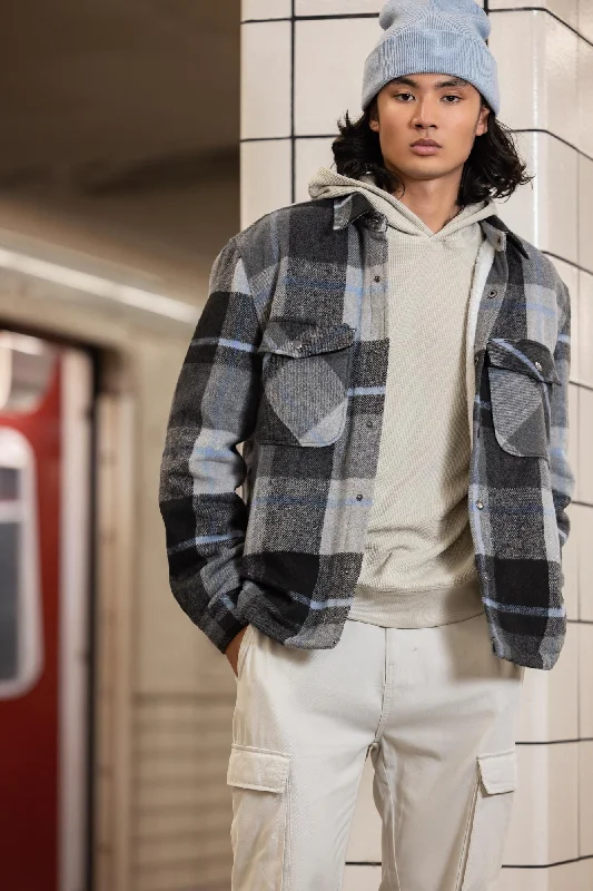 Long - line men coats reaching below the knee for maximum coverage Sherpa Lined Plaid Flannel Shacket