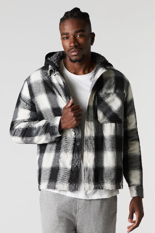 Stylish men coats with a double - breasted design for a formal look Plaid Sherpa Lined Hooded Shacket Stylish men coats with a double - breasted design for a formal look Plaid Sherpa Lined Hooded Shacket
