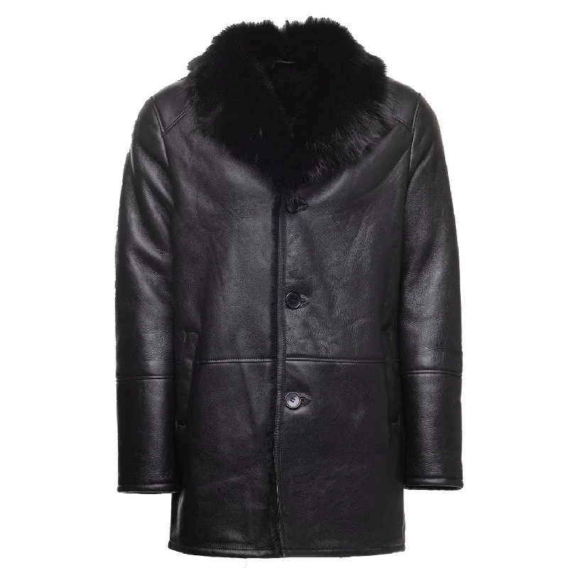 Stylish men coats with a double - breasted design for a formal look Black shearling trench coat with Toscana fur trim Stylish men coats with a double - breasted design for a formal look Black shearling trench coat with Toscana fur trim