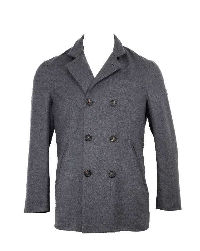 Men coats with a contrasting trim for a fashion - forward aesthetic Brunello Cucinelli New Menâ€s Grey Double Breasted Peacoat Men coats with a contrasting trim for a fashion - forward aesthetic Brunello Cucinelli New Menâ€s Grey Double Breasted Peacoat