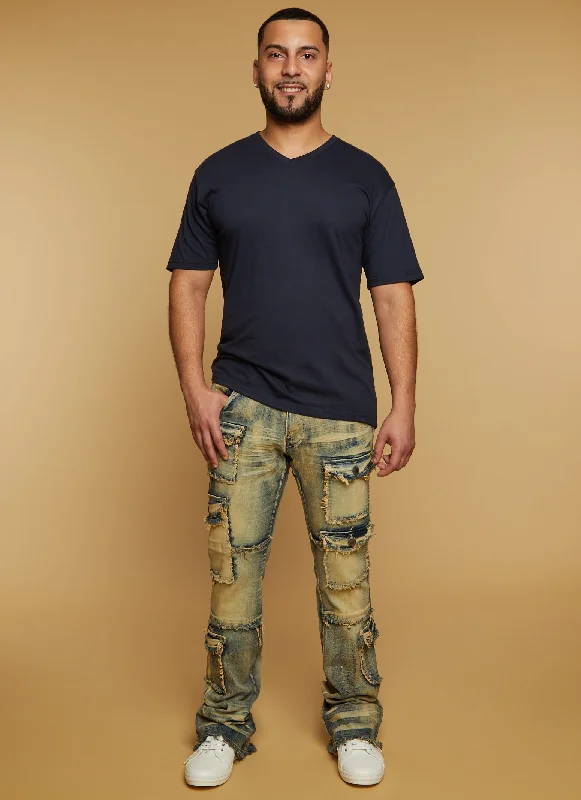 Men's Low - Rise Jeans in a Light Wash for a Casual and Youthful Look Mens Frayed Hem Cargo Pocket Jeans Men's Low - Rise Jeans in a Light Wash for a Casual and Youthful Look Mens Frayed Hem Cargo Pocket Jeans