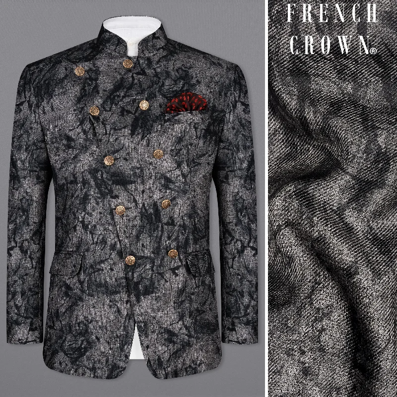 Men Blazers for Spring Weddings in Light - colored and Airy Fabrics​ Men Blazers for Spring Weddings in Light - colored and Airy Fabrics​ Dawn Gray and Onyx Black textured Cross Placket Bandhgala Designer Blazer