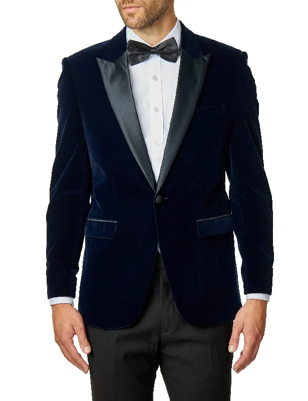 Men Blazers for Music Festivals in Bohemian and Casual Styles​ Men Blazers for Music Festivals in Bohemian and Casual Styles​ DINNER GARY – NAVY SOFT VELVET TUXEDO JACKET