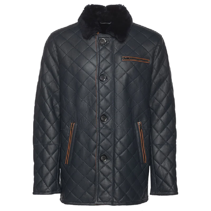 Men coats with multiple inner pockets for convenient storage of essentials Drew Navy quilted sheepskin shearling coat Men coats with multiple inner pockets for convenient storage of essentials Drew Navy quilted sheepskin shearling coat