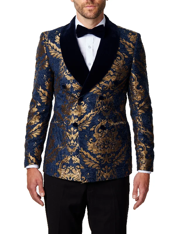Men Blazers for Yacht Parties in Nautical - Inspired Styles Men Blazers for Yacht Parties in Nautical - Inspired Styles GLEN - Gold Brocade on Navy Jacquard Double Breasted Jacket Men Blazers for Yacht Parties in Nautical - Inspired Styles Men Blazers for Yacht Parties in Nautical - Inspired Styles GLEN - Gold Brocade on Navy Jacquard Double Breasted Jacket