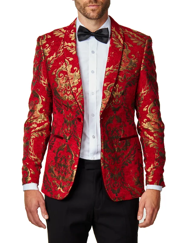 Men Blazers for Yacht Parties in Nautical - Inspired Styles Men Blazers for Yacht Parties in Nautical - Inspired Styles GLEN - Gold Brocade Paisley Print on Crimson Red Jacquard Tux Jacket Men Blazers for Yacht Parties in Nautical - Inspired Styles Men Blazers for Yacht Parties in Nautical - Inspired Styles GLEN - Gold Brocade Paisley Print on Crimson Red Jacquard Tux Jacket