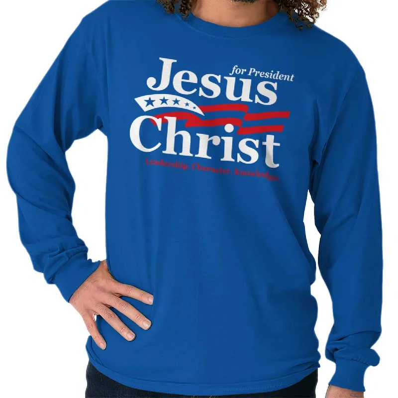 Men's long sleeve polo shirts with a contrast placket for added style Jesus Christ For President Long Sleeve T-Shirt Men's long sleeve polo shirts with a contrast placket for added style Jesus Christ For President Long Sleeve T-Shirt