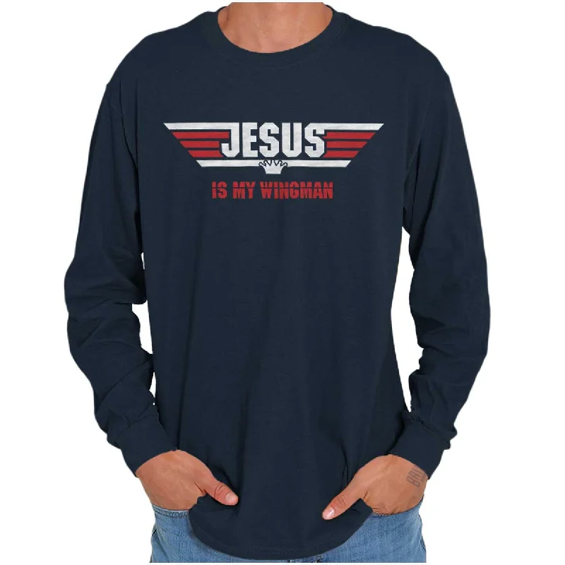 Men's long sleeve thermal shirts with thumbholes for extra warmth Jesus Is My Wingman Long Sleeve T Shirt Men's long sleeve thermal shirts with thumbholes for extra warmth Jesus Is My Wingman Long Sleeve T Shirt