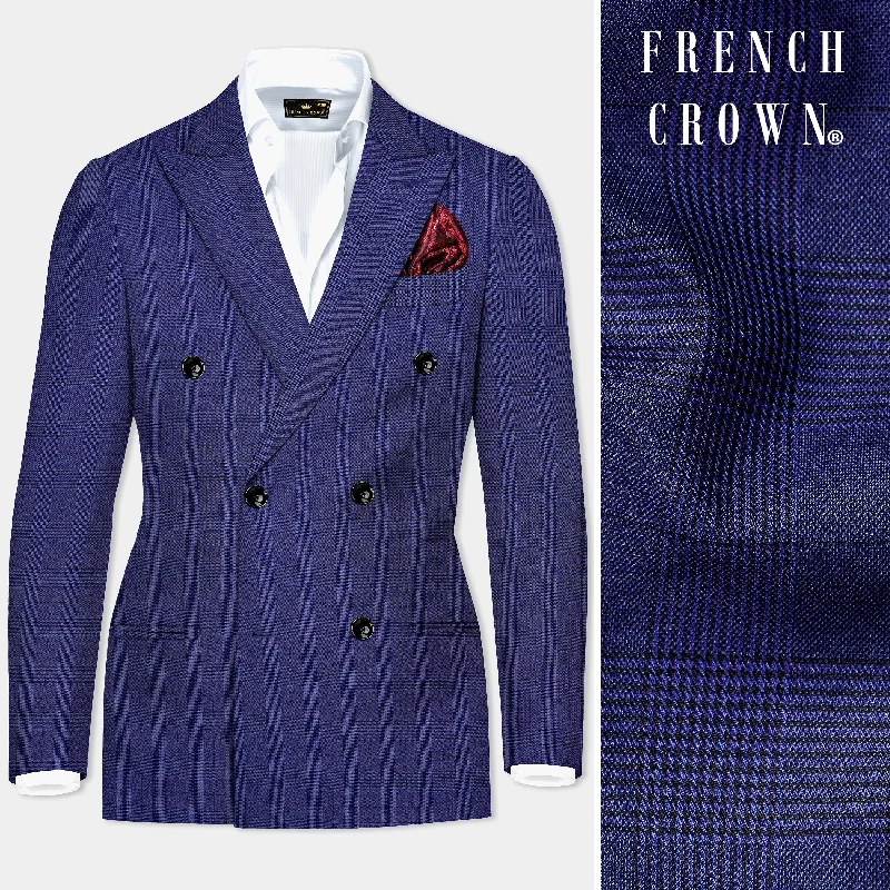   Martinique Blue Plaid Wool Blend Double Breasted Blazer