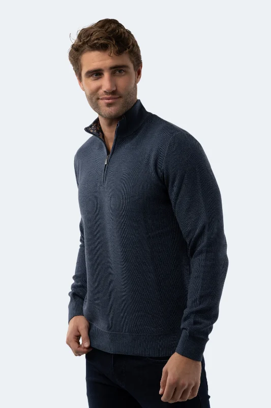 Men's Sweaters with Metallic Thread for a Shiny Finish​ Melange Indigo Quarter Zip