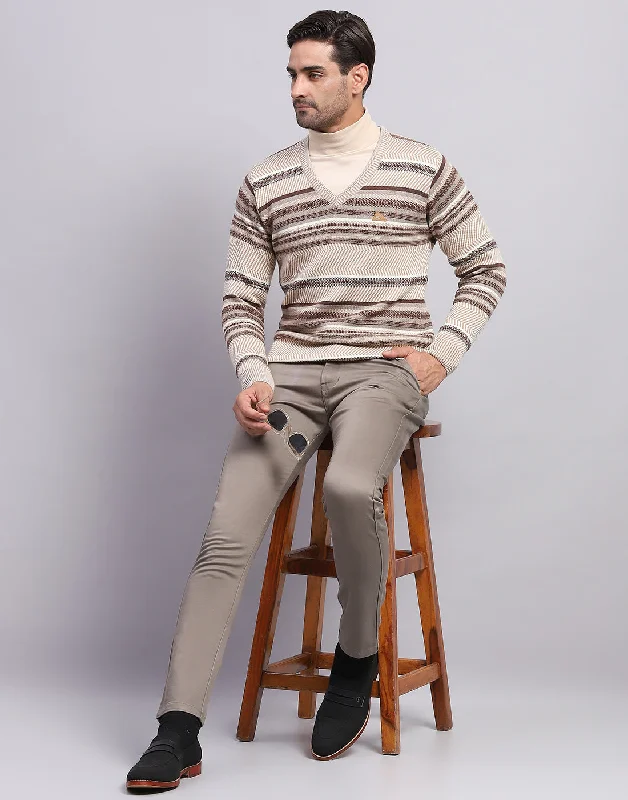  Men Beige Self Design V Neck Full Sleeve Pullover