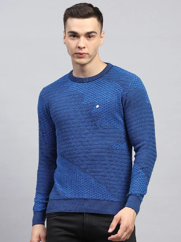 Men's Athletic - Fit Sweaters for an Active Look Men Blue Self Design Round Neck Full Sleeve Pullover Men's Athletic - Fit Sweaters for an Active Look Men Blue Self Design Round Neck Full Sleeve Pullover